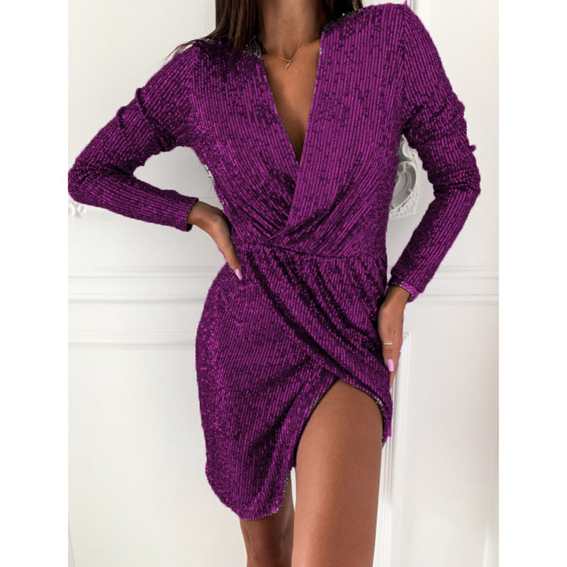 Women's Gold Gold Long Sleeve V-Neck Mini Skirt Dress - Image 3