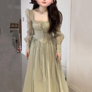 French Gentle Square Neck Dress Women's Waist