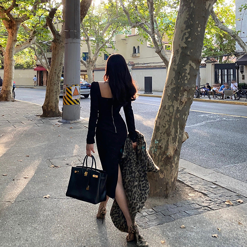 Black Square Neck Long Sleeve Bottoming Dress - Image 5