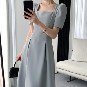 Square-neck Cinched Slimming Puff Sleeve Dress