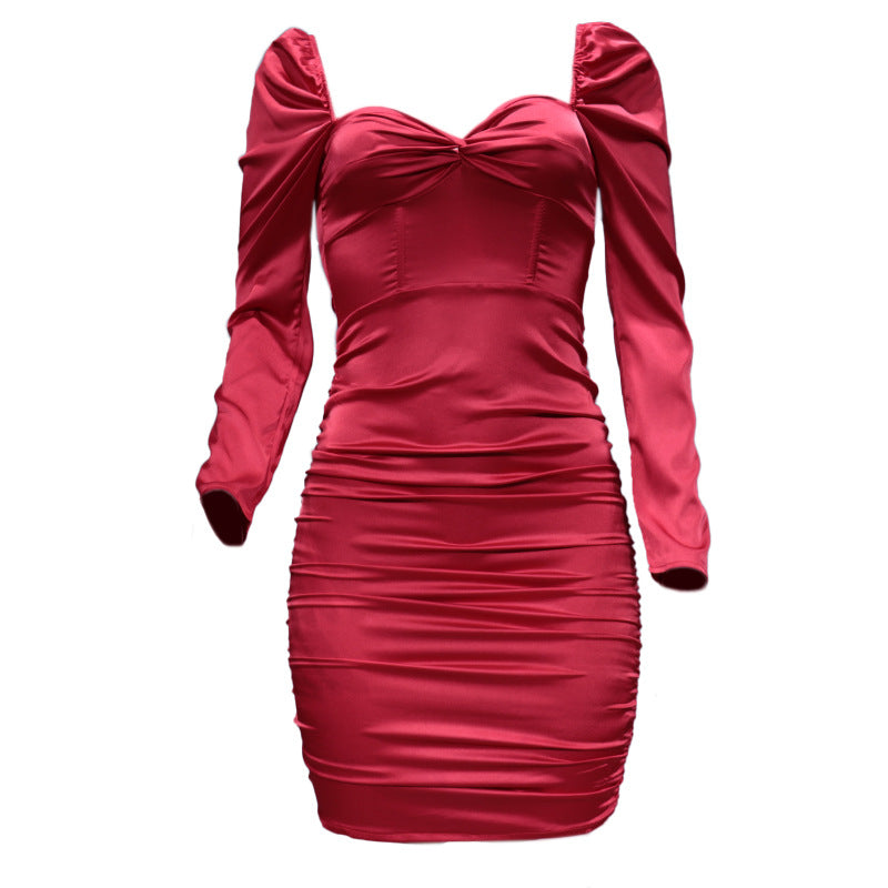 Women's Long Sleeve Square-neck Pleated Dress - Image 2