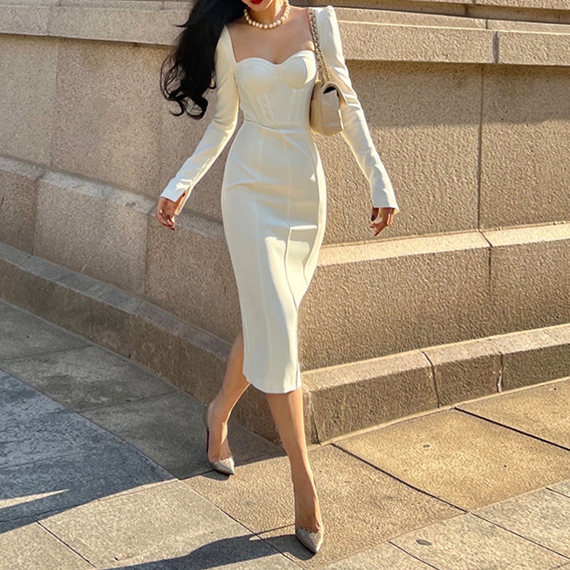 Black Square Neck Long Sleeve Bottoming Dress - Image 4