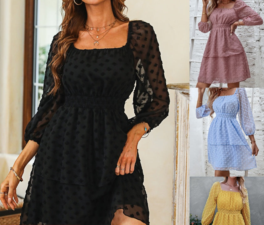 Women's Fashion Square Neck Backless Jacquard Dress