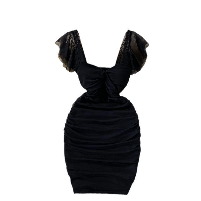 Thin Folds Square Neck Bag Hip Dress