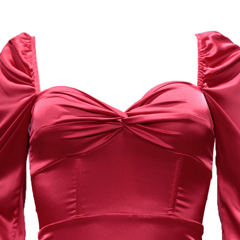 Women's Long Sleeve Square-neck Pleated Dress - Image 3