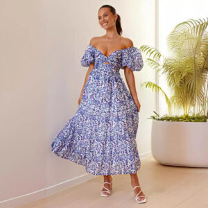 Women's Versatile Casual Waist-tied Puff-sleeve Flare Dress