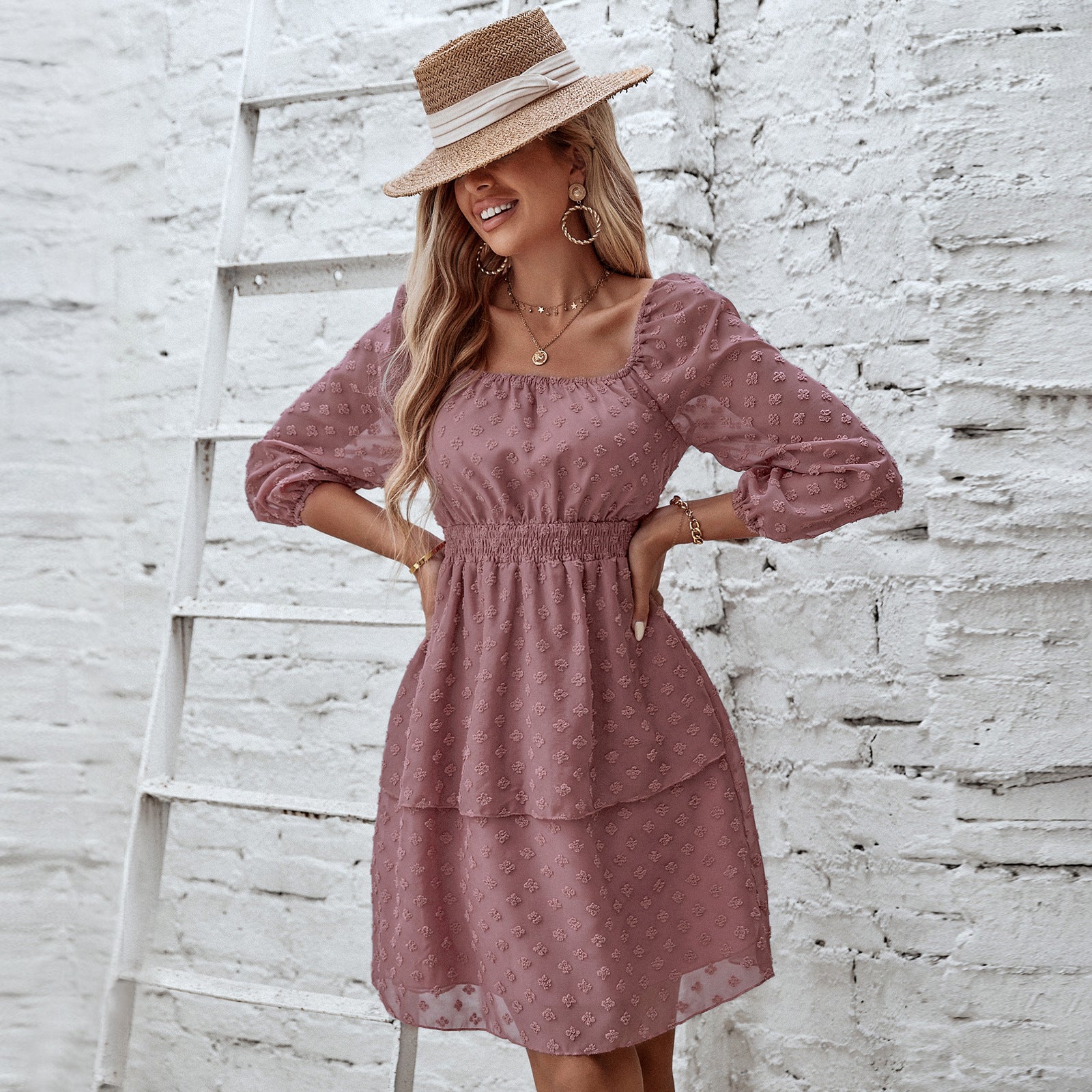 Women's Fashion Square Neck Backless Jacquard Dress - Image 7