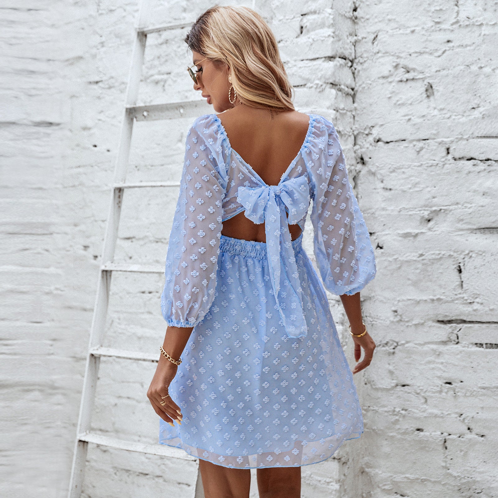 Women's Fashion Square Neck Backless Jacquard Dress - Image 2